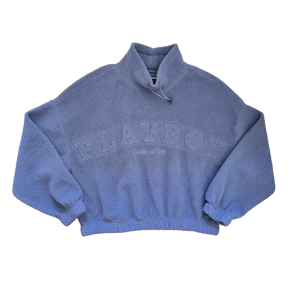 Women's Size XS Playboy Fuzzy Fleece Gray Blue Sweater Oversized Look Logo